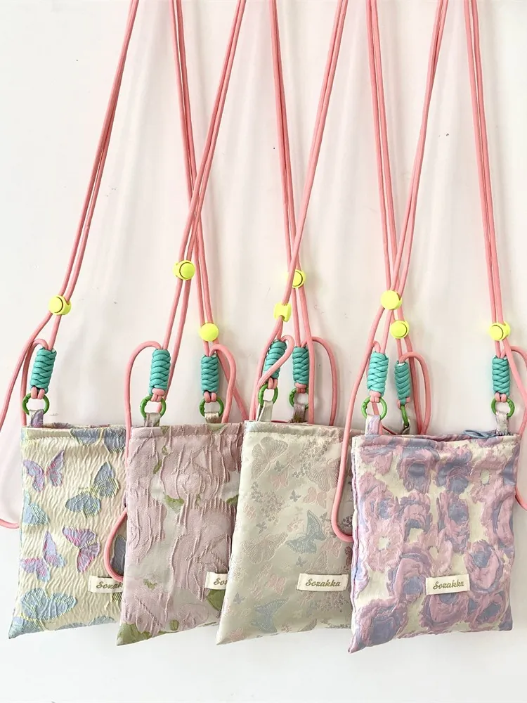 Butterfly Floral Jacquard Crossbody Phone Bag Adjustable Rope Strap Small Shoulder Pouch Artistic Sweet For Women