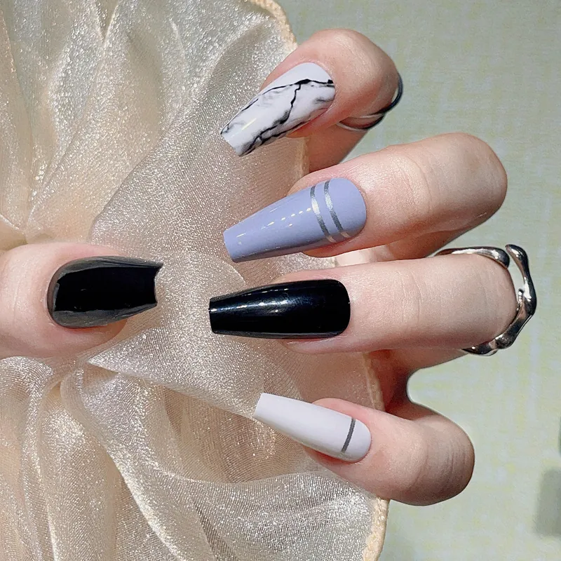 Coffin Shape Press On Nails Marble Pattern Black White Silver Line Glossy Artificial Finger Decoration