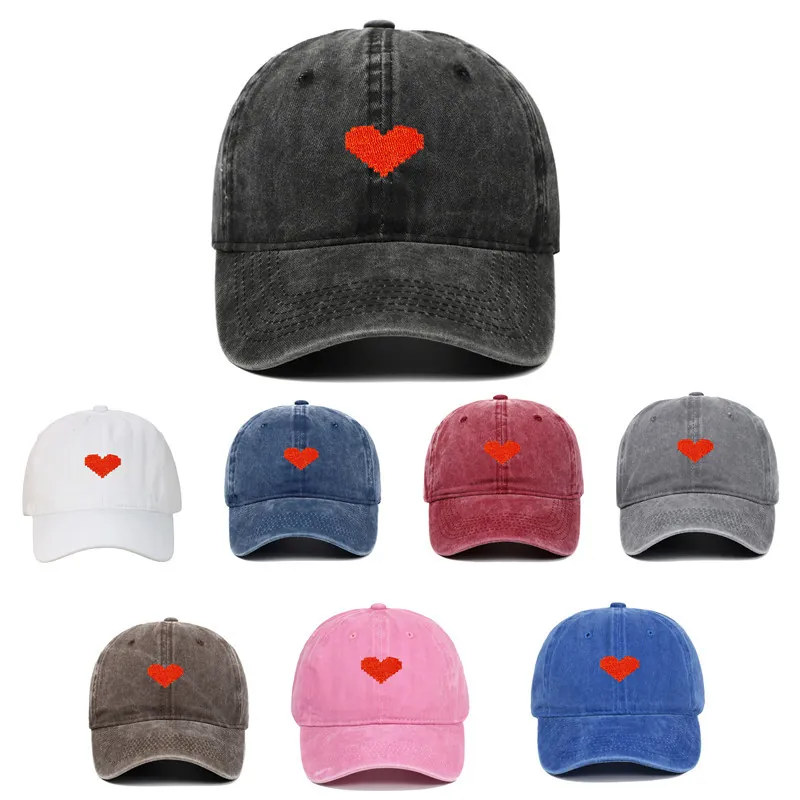 Washed Cotton Baseball Cap Pixelated Heart Embroidery Vintage Distressed Sun Protection Hat Adjustable Unisex