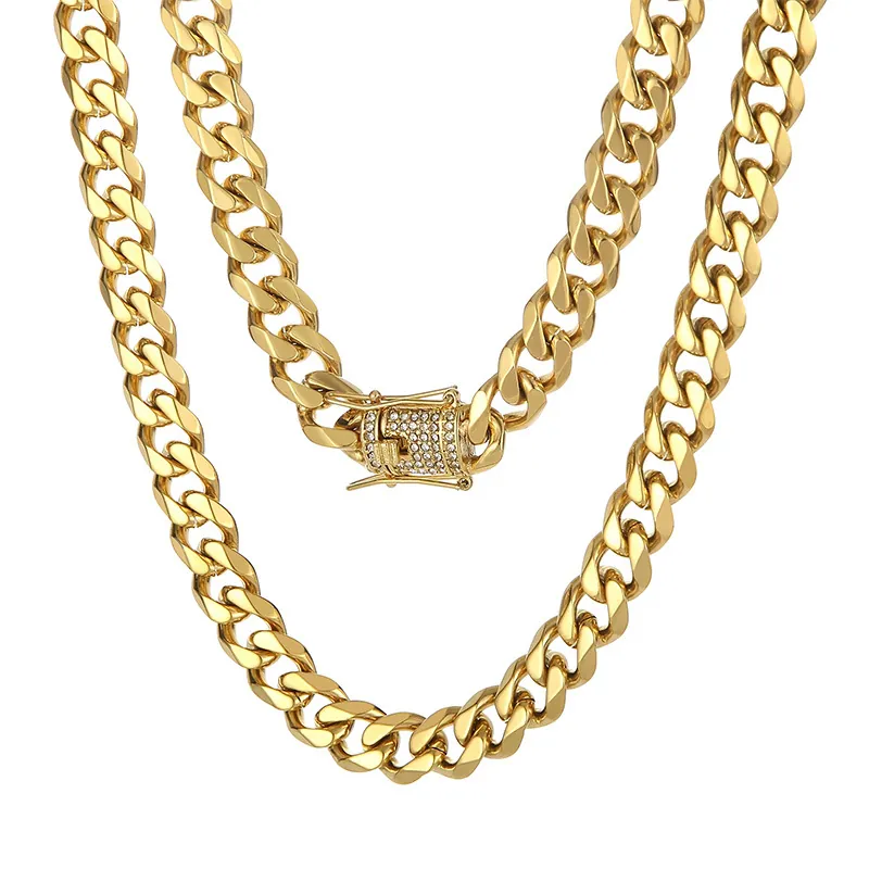 Stainless Steel Cuban Link Chain Necklace With Rhinestone Square Box Clasp Hip Hop Streetwear Jewelry For Men