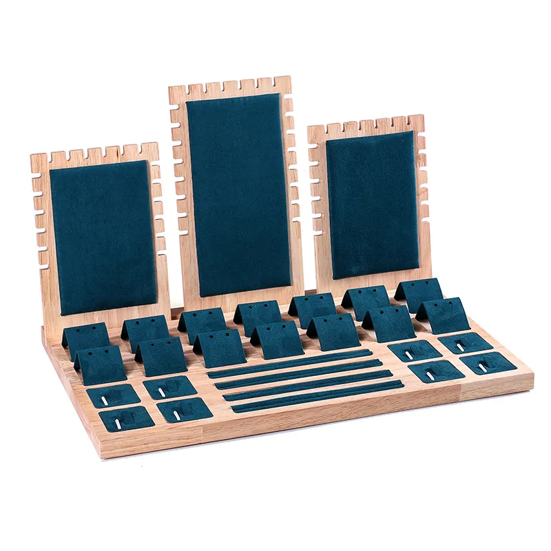Jewelry Display Stand Wood Base Velvet PU Leather Necklace Earring Ring Holder Showcase Organizer Countertop Tray