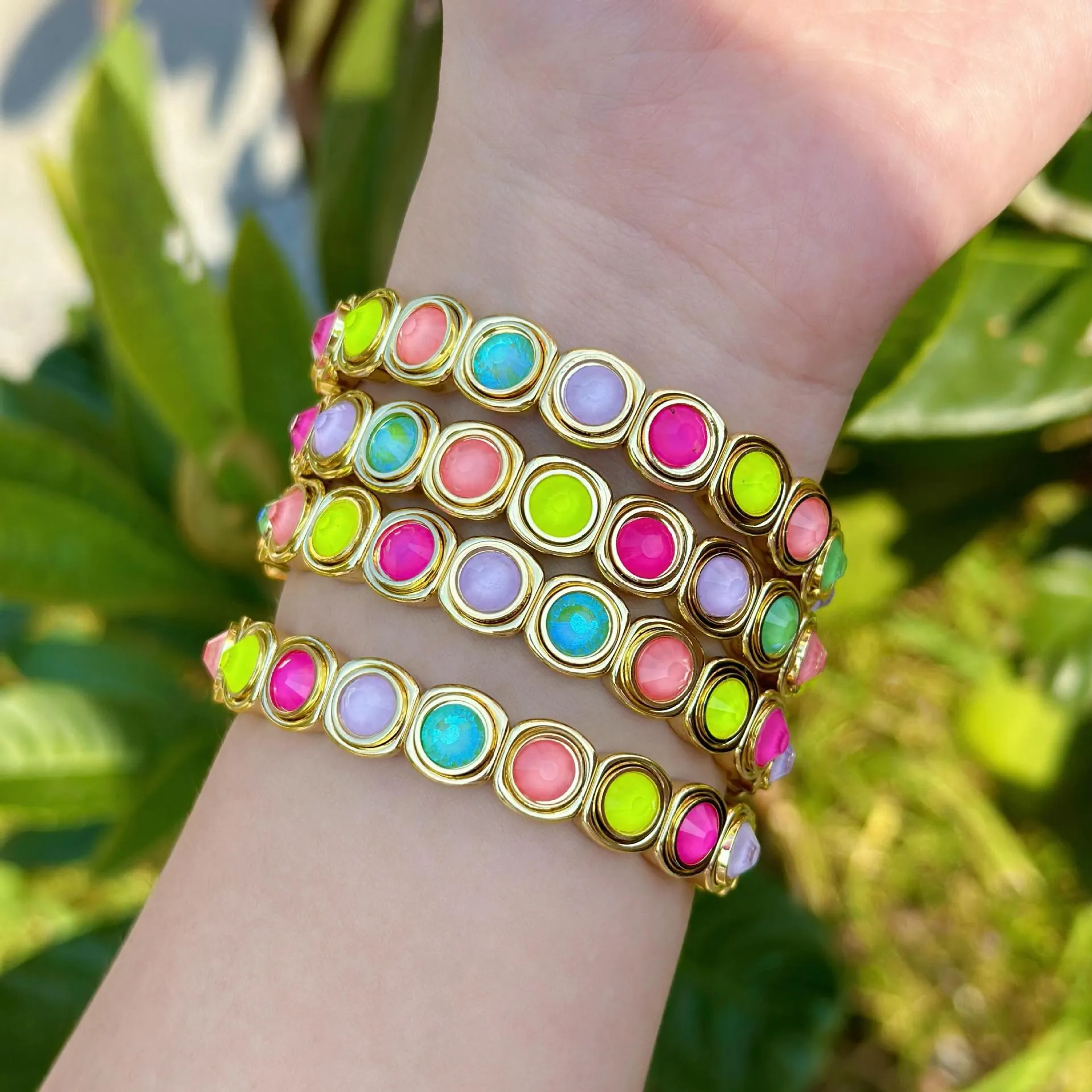 Colorful Enamel Beaded Elastic Stackable Bracelet For Women Zinc Alloy Gold Plated Bohemia Style Fashion Jewelry Gift