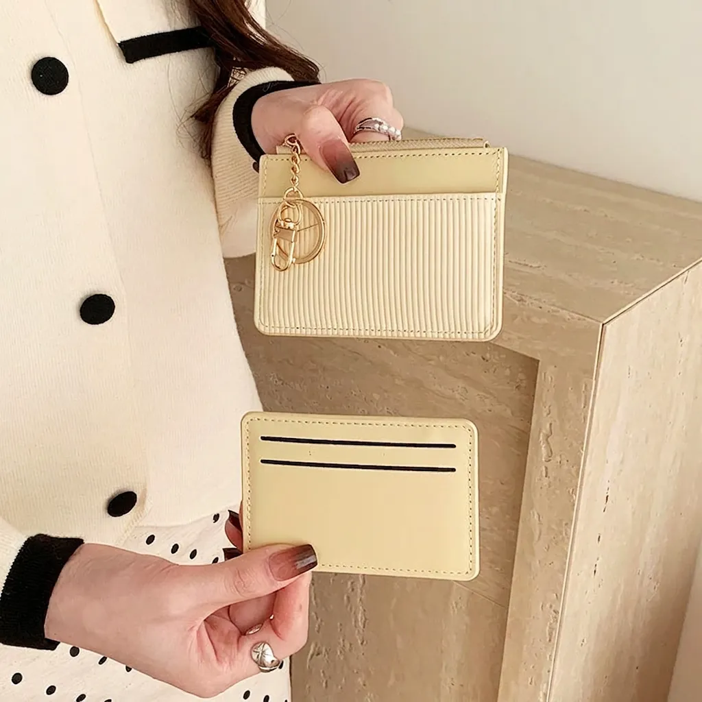 Vertical Texture PU Leather Card Holder And Coin Purse Keychain For Women Minimalist Zipper Wallet Lightweight Pocket Pouch