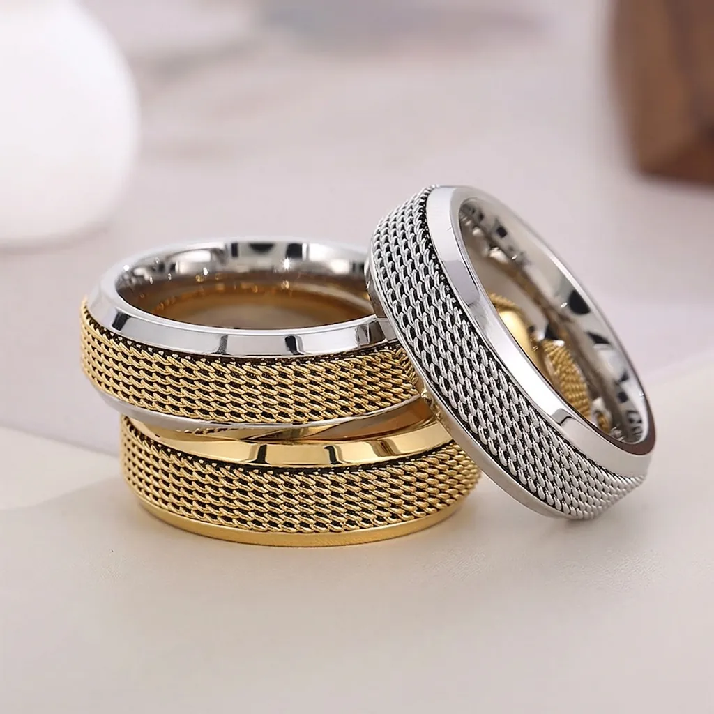 Bague Rotative En Maille Tissée Acier Inoxydable Anti Stress Bijoux De Mode Industriels Minimalistes Pour Hommes Femmes