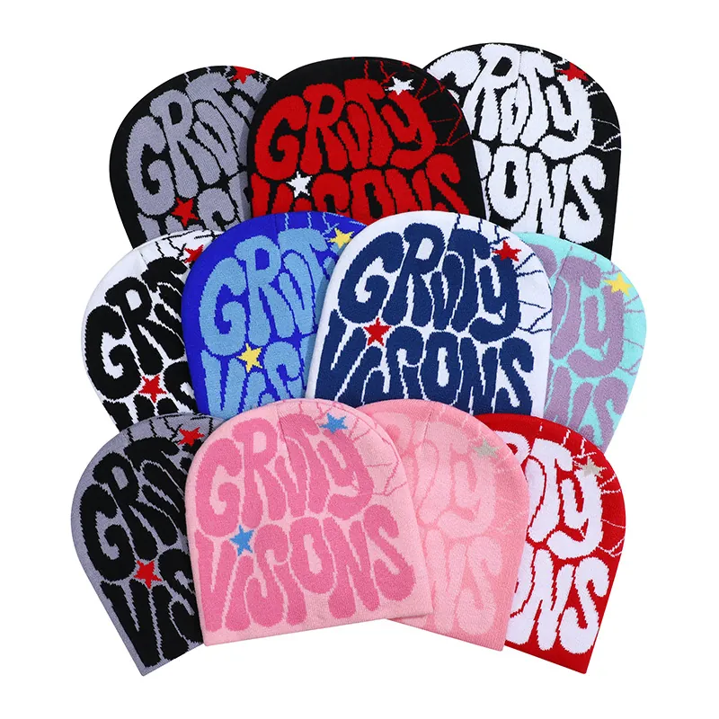 Knit Beanie Hat Jacquard Letter Star Pattern Warm Winter Headwear Hip Hop Punk Acrylic Fashion Skull Cap