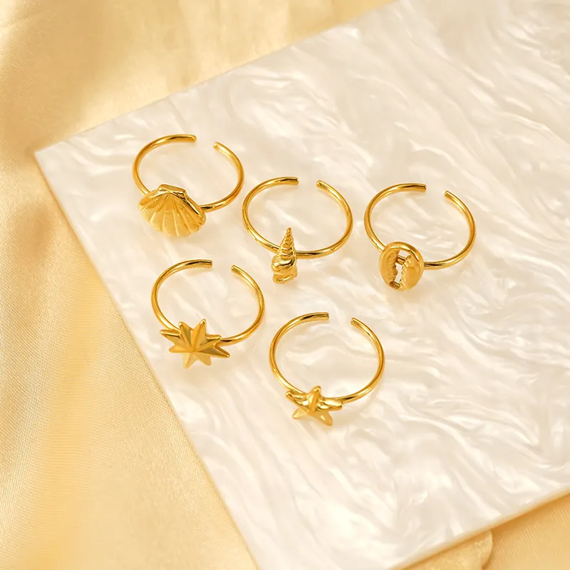Ocean Element Open Rings 304 Stainless Steel 18K Gold Plated Shell Starfish Conch Octagram Star Adjustable Jewelry Women