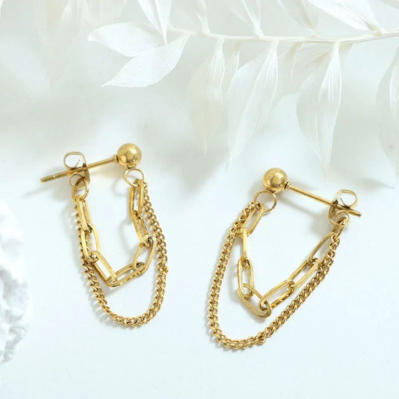 Back Hanging Double Layer Chain Tassel Earrings Stainless Steel Ball Stud Geometric Minimalist Drop Dangle For Women