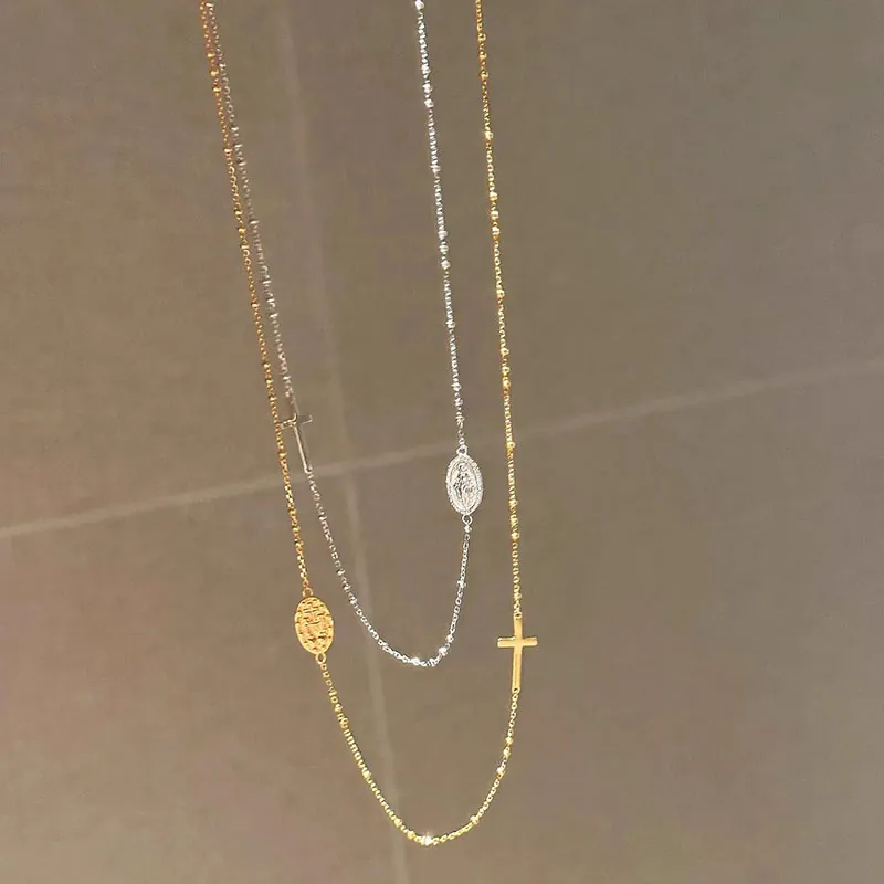 Collier Pendentif Croix et Médaillon Religieux en Cuivre Vintage pour Femme Chaîne à Billes Plaquée Or Argent Bijoux Mode