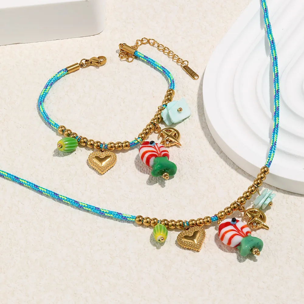 Collier Pendentif Sucette Perles Colorées Corde Tissée Acier Inoxydable Style Dopamine Bijoux Bohémiens Pour Femmes