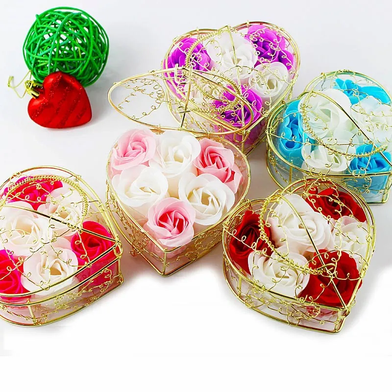 Rose Soap Flower In Heart Shaped Metal Wire Basket Scented Artificial Rose For Valentine Mothers Day Wedding Party Gift