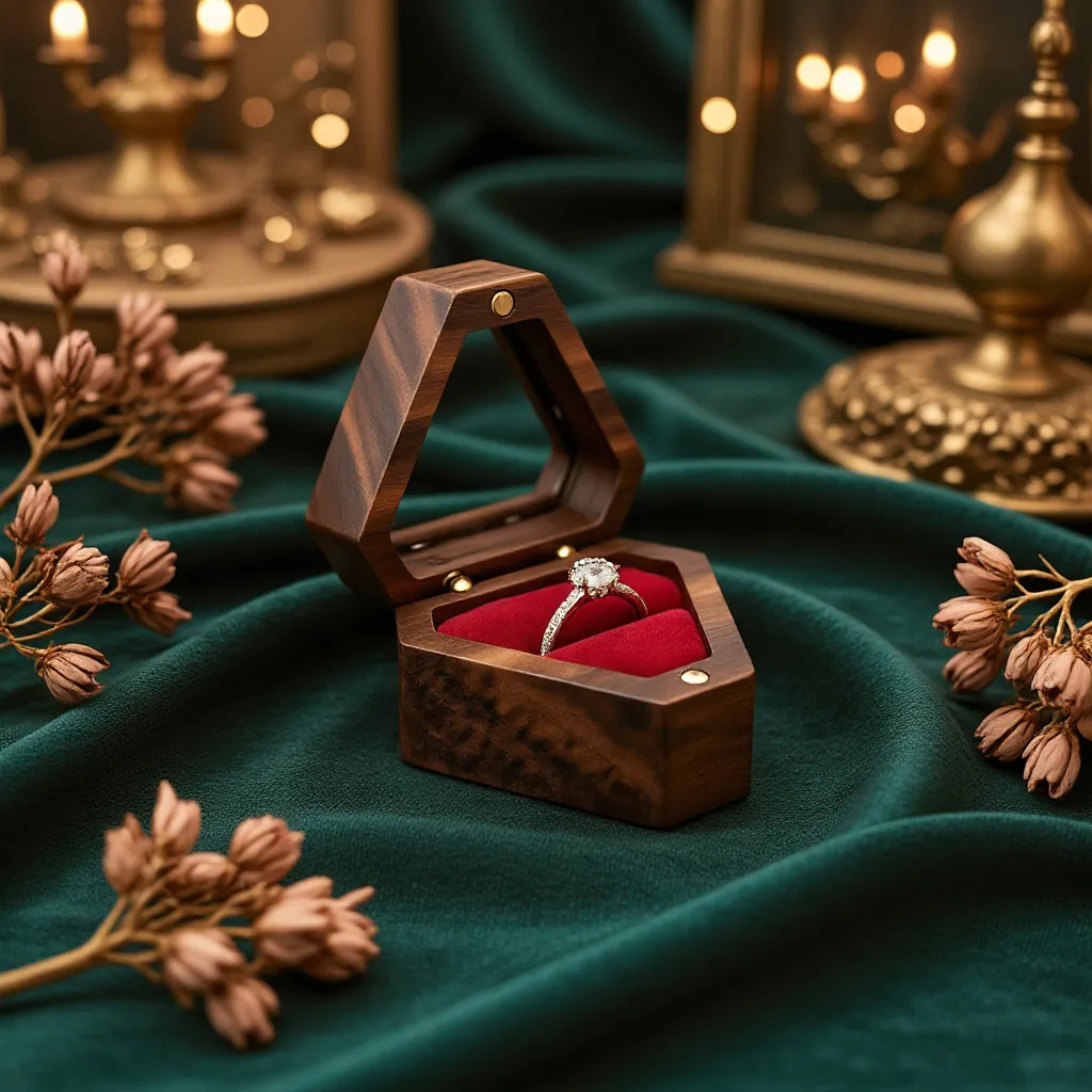 Hexagon Walnut Wood Ring Box With Velvet Lining And Clear Window Portable Magnetic Jewelry Storage For Wedding Proposal