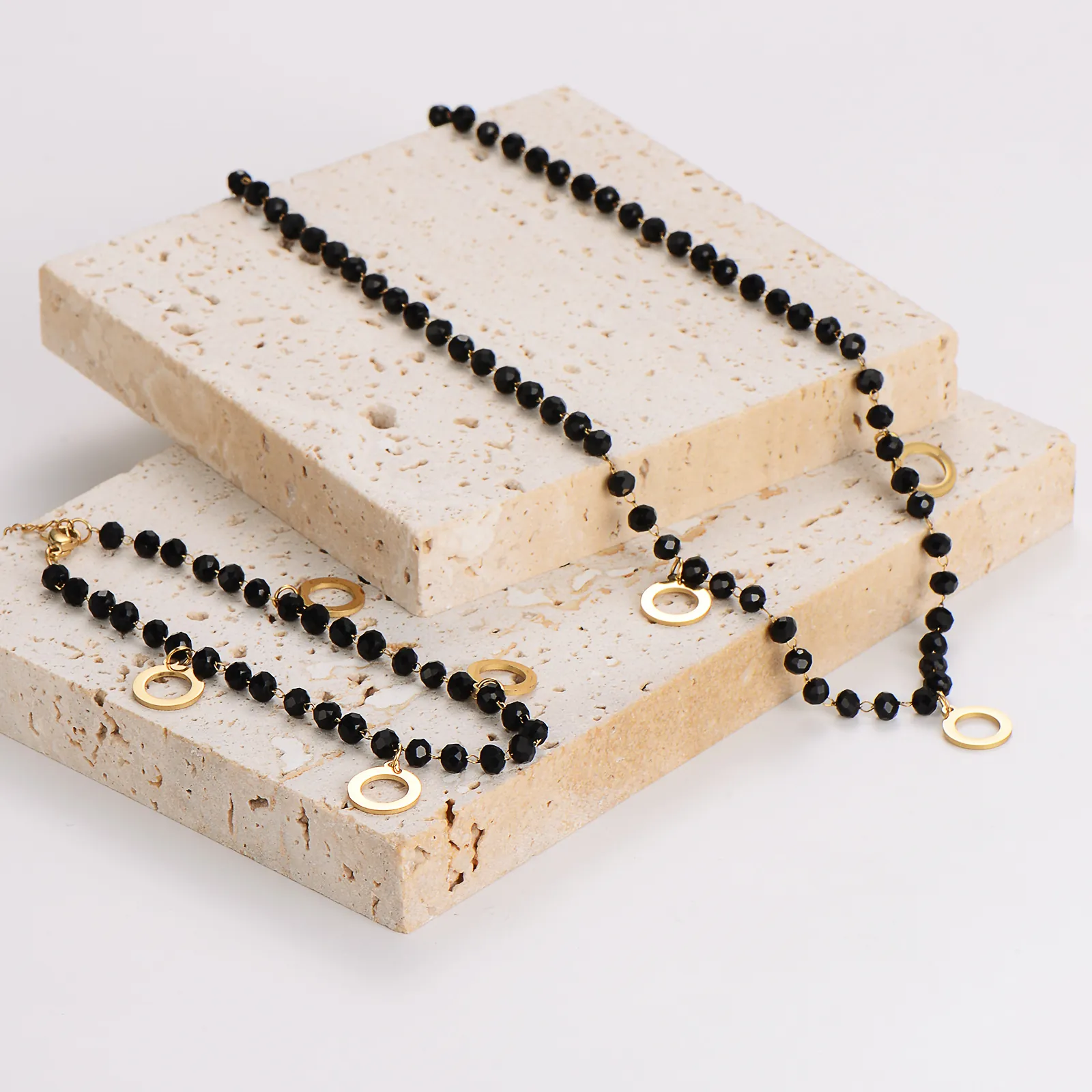 Black Faceted Glass Bead Necklace And Bracelet Set With Gold Round Hollow Pendants 304 Stainless Steel Jewelry Women