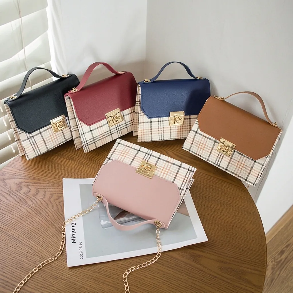 Retro Plaid Square Crossbody Bag Women PU Leather Contrast Color Handbag Gold Chain Strap Top Handle Twist Lock
