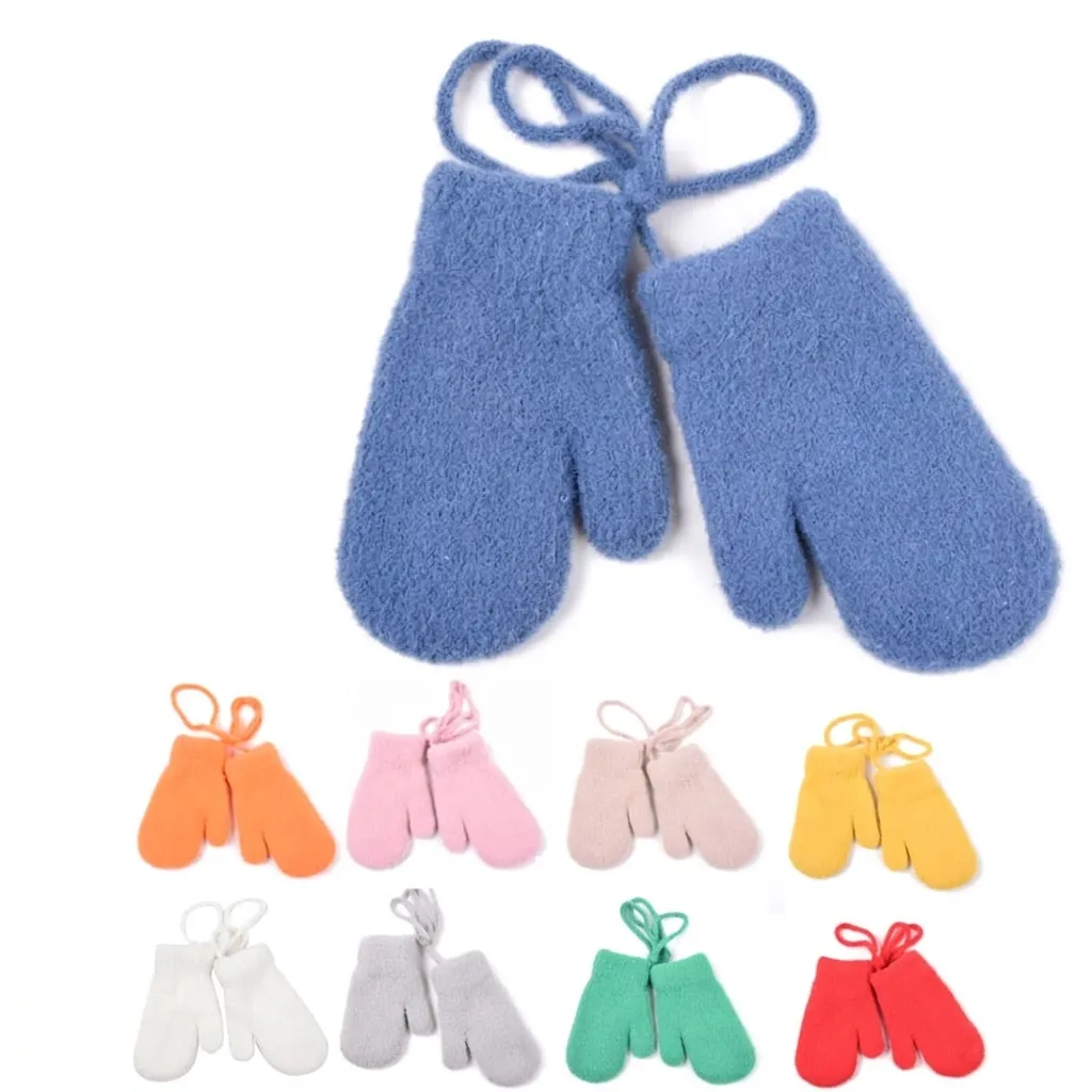 Kids Knitted Mittens With Anti Lost String Winter Warm Thick Plush Lining Hanging Neck Gloves For Boys Girls