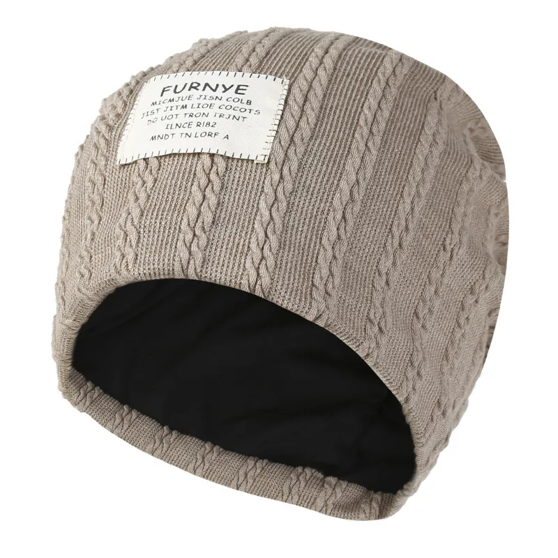 Cable Knit Beanie Hat Cotton Polyester Warm Winter Slouchy Skull Cap With Patch For Men Women