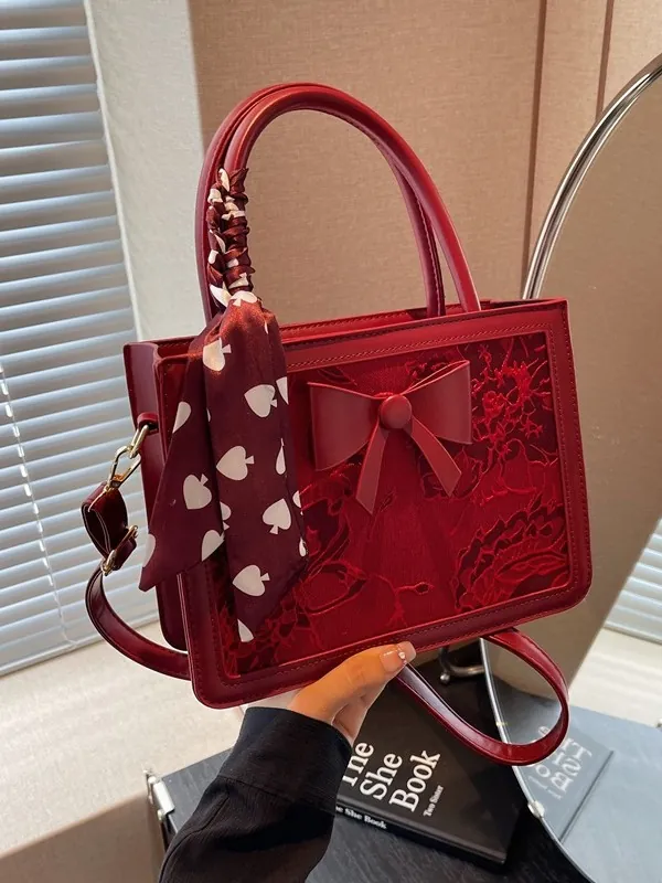 Women Red Top Handle Crossbody Bag PU Leather Embroidery Lace Fabric With Bowknot Scarf Handle Square Bridal Wedding