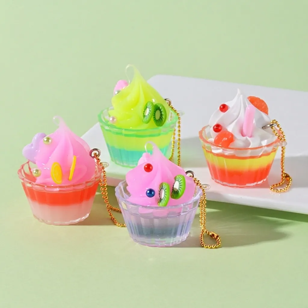 Miniature Simulation Dessert Cup Pendant Realistic Sundae Cream Fruit Resin Keychain Decoration For Bag Accessories