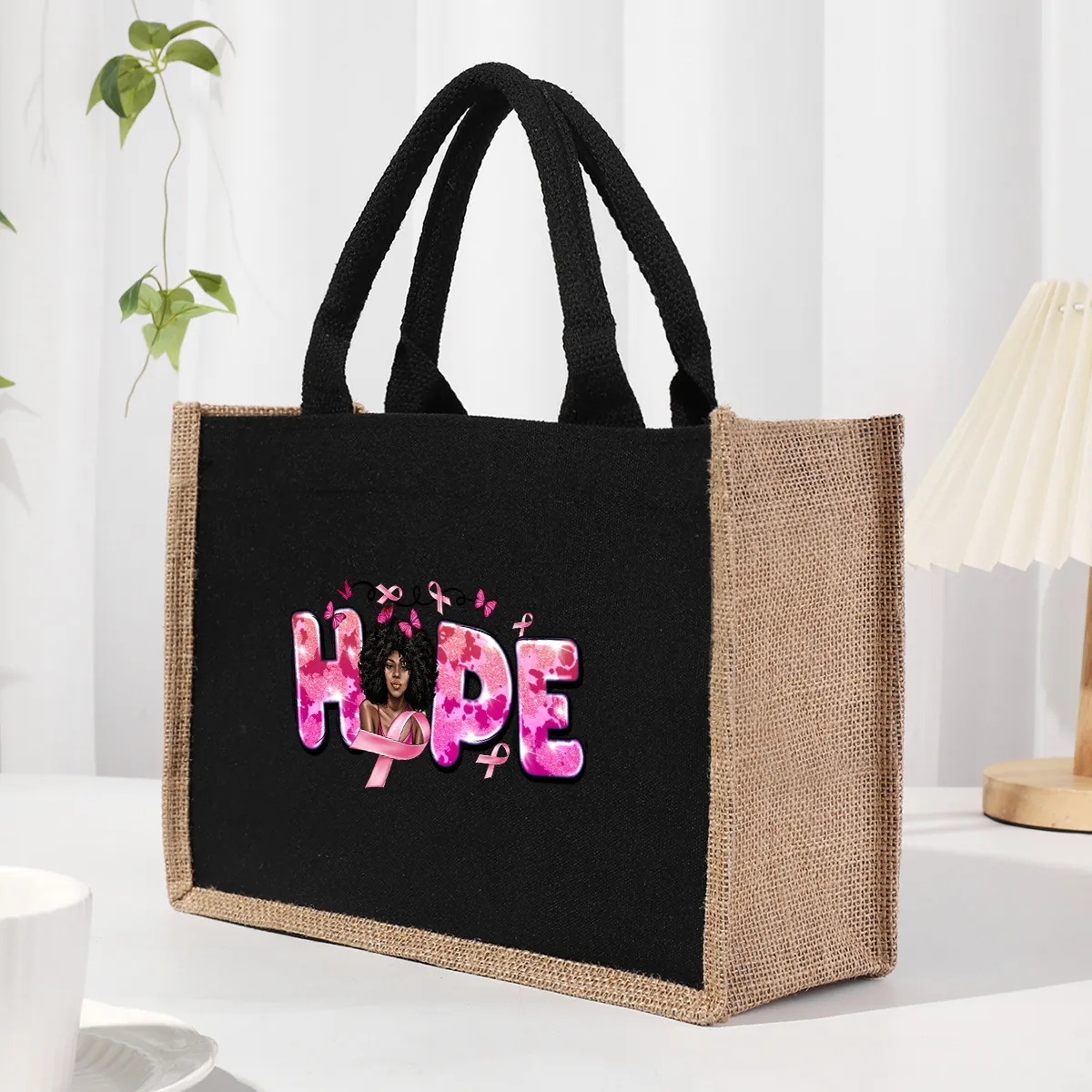 Women Canvas Jute Tote Bag Floral Letter Print Large Capacity Handbag Casual Shopping Travel Portable Splicing Design