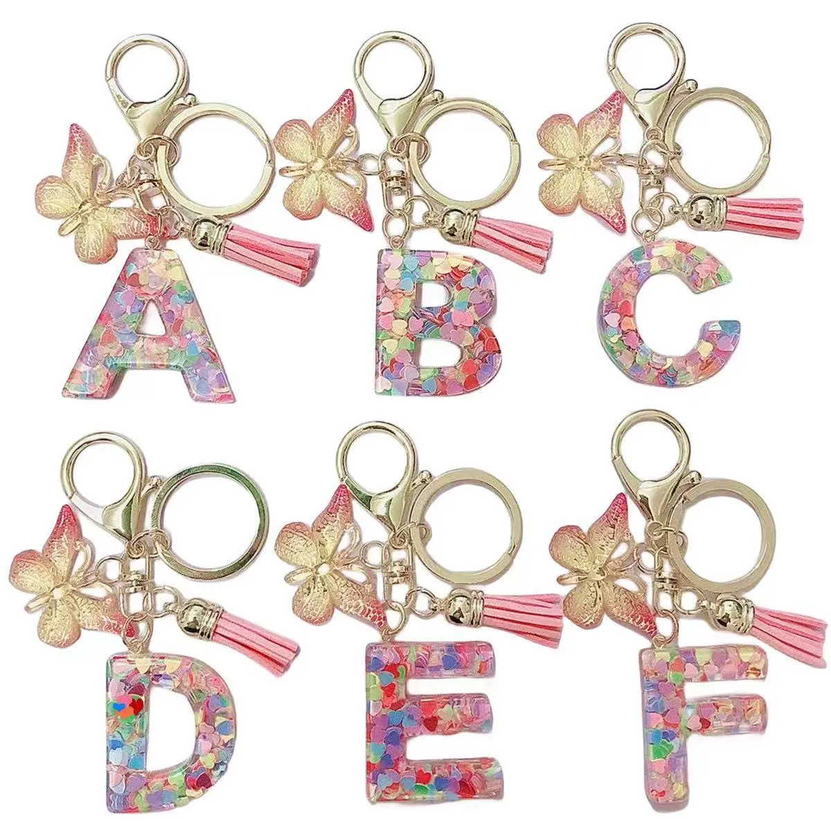 Alphabet Letter Keychain Resin Heart Sequins Gold Butterfly Tassel Handbag Charm Cute Fashion Pendant For Women Girls