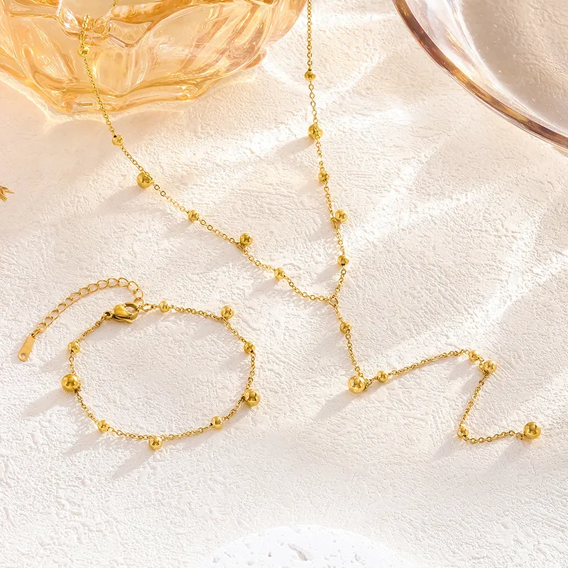 Minimalist Polished Round Gold Bead Chain Bracelet For Women Titanium Steel Hypoallergenic Jewelry Adjustable