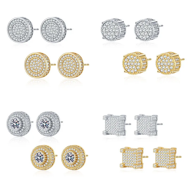 Hip Hop Stud Earrings Alloy Cubic Zirconia Micro Pave Iced Out Geometric Round Square Streetwear Fashion Unisex