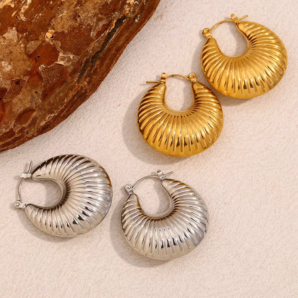 Retro Horn Texture Hoop Earrings 316L Stainless Steel 18K Gold Plated Hollow Geometric Fashion Jewelry For Women