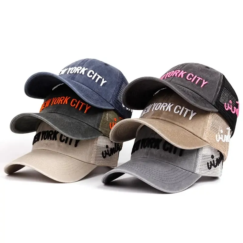 Vintage New York City Trucker Hat Washed Cotton Breathable Mesh Baseball Cap Retro Adjustable Outdoor Sun Protection