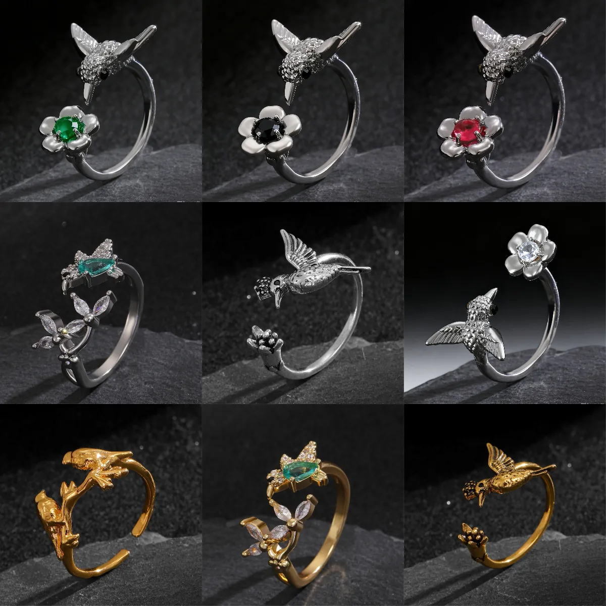 Vintage Copper Hummingbird Flower Open Ring For Women Adjustable Animal Leaf Eagle Raven Frog Skull Bohemian Jewelry Gift