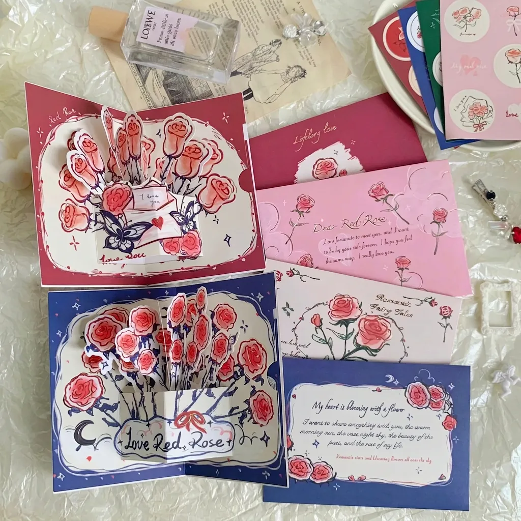 Carte De Vœux Pop Up Avec Bouquet De Roses Cartes En Papier Floral Vintage Avec Enveloppe Et Autocollants Pour Anniversaire