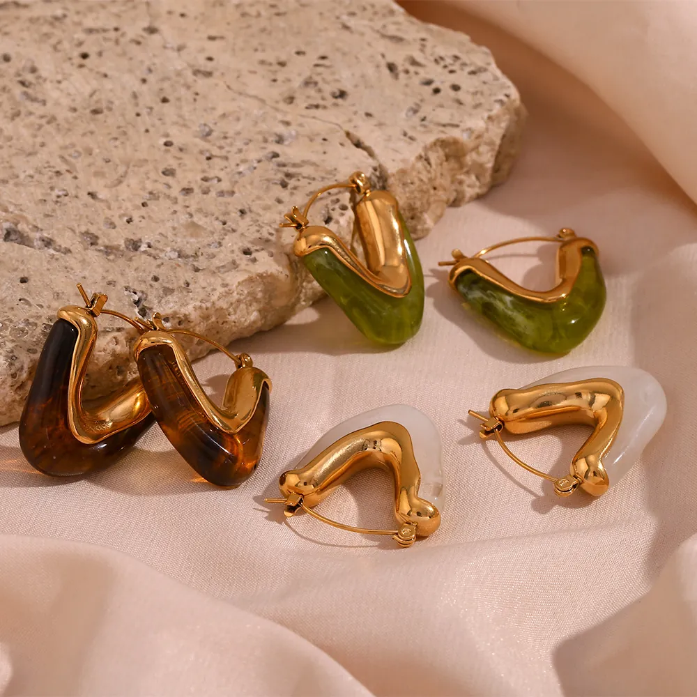 French Vintage Stainless Steel Geometric Hoop Earrings 18K Gold Plated Resin Patchwork Earrings For Women Fashion Jewelry