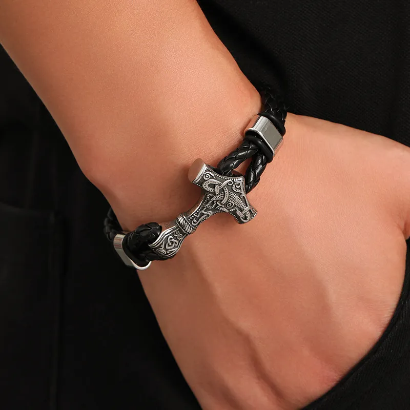 Thor's Hammer Viking Bracelet Men Genuine Woven Leather Rope Zinc Alloy Mjolnir Magnetic Clasp Nordic Vintage Bangle