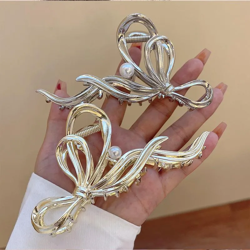 Elegant Bowknot Hair Claw Clip Metal Alloy With Artificial Pearl Large Shark Clip For Women Girls Hair Accessories