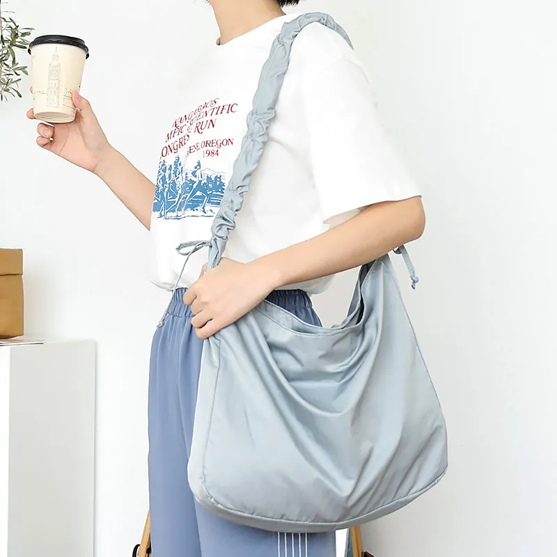 Women Crossbody Bag Nylon High Capacity Slouchy Hobo Bag With Pleated Scrunchie Strap Drawstring Casual Style
