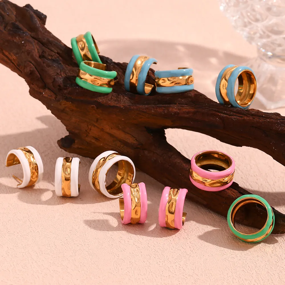 Stainless Steel Wave Enamel Hoop Earrings Contrasting Color Drip Oil Geometric Open Ring Fashion Accessory For Women