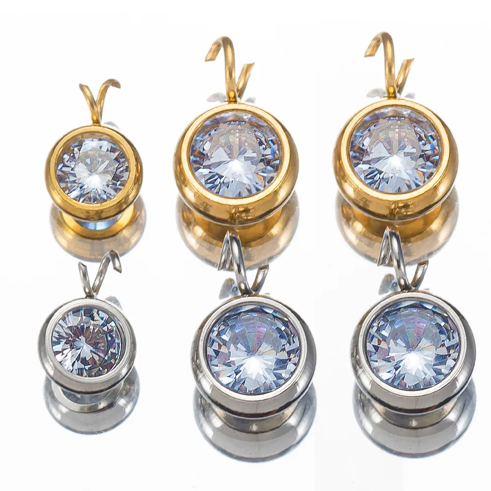 Ciondolo Minimalista Rotondo in Acciaio Inossidabile con Zirconia per Creazione Gioielli Fai-da-te Stile Pietra Portafortuna Placcato Oro Argento