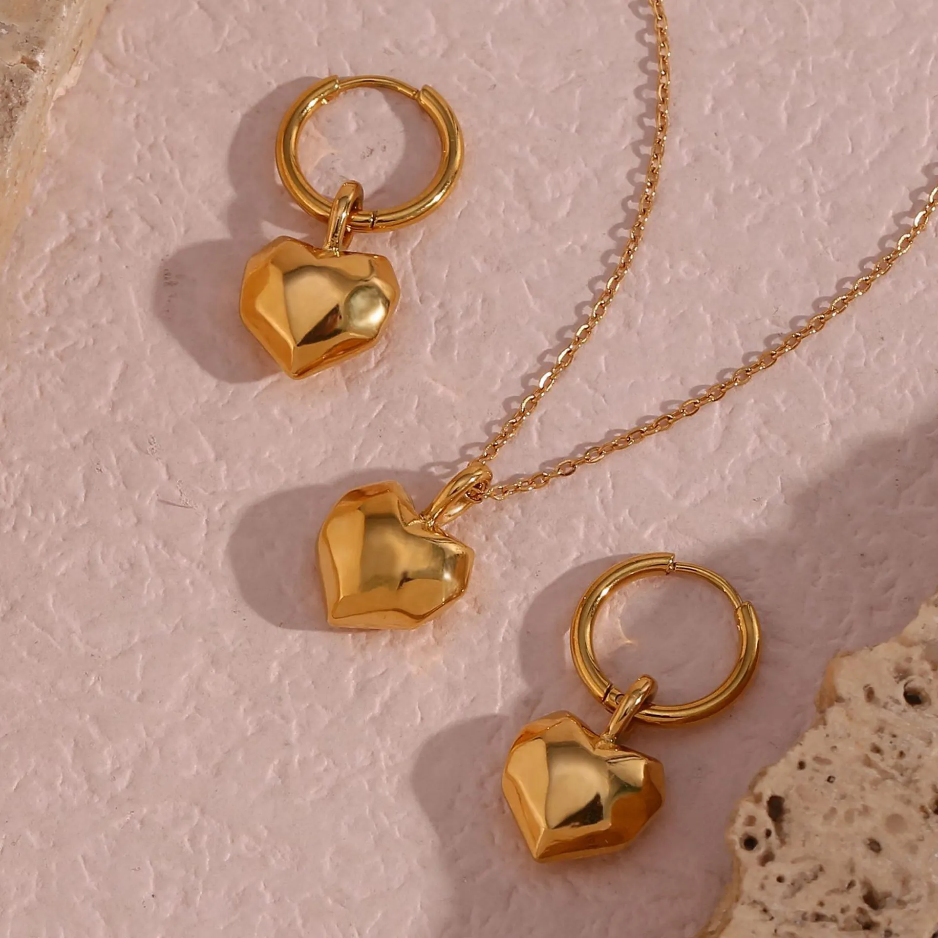 Minimalist Heart Pendant Necklace And Earrings Stainless Steel Faceted Geometric Design Fashion Jewelry For Women Gold