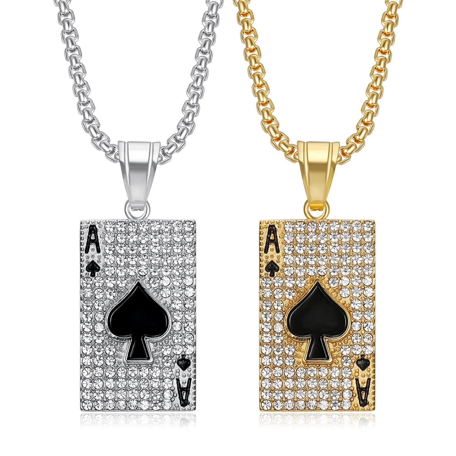Ace Of Spades Poker Card Pendant Necklace Stainless Steel Bling Rhinestone Enamel Hip Hop Men Jewelry