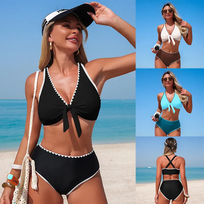 Women's Scalloped Trim Halter Neck Bikini Top And High Waist Bottom Beachwear Nylon Quick Dry Solid Color Swimsuit