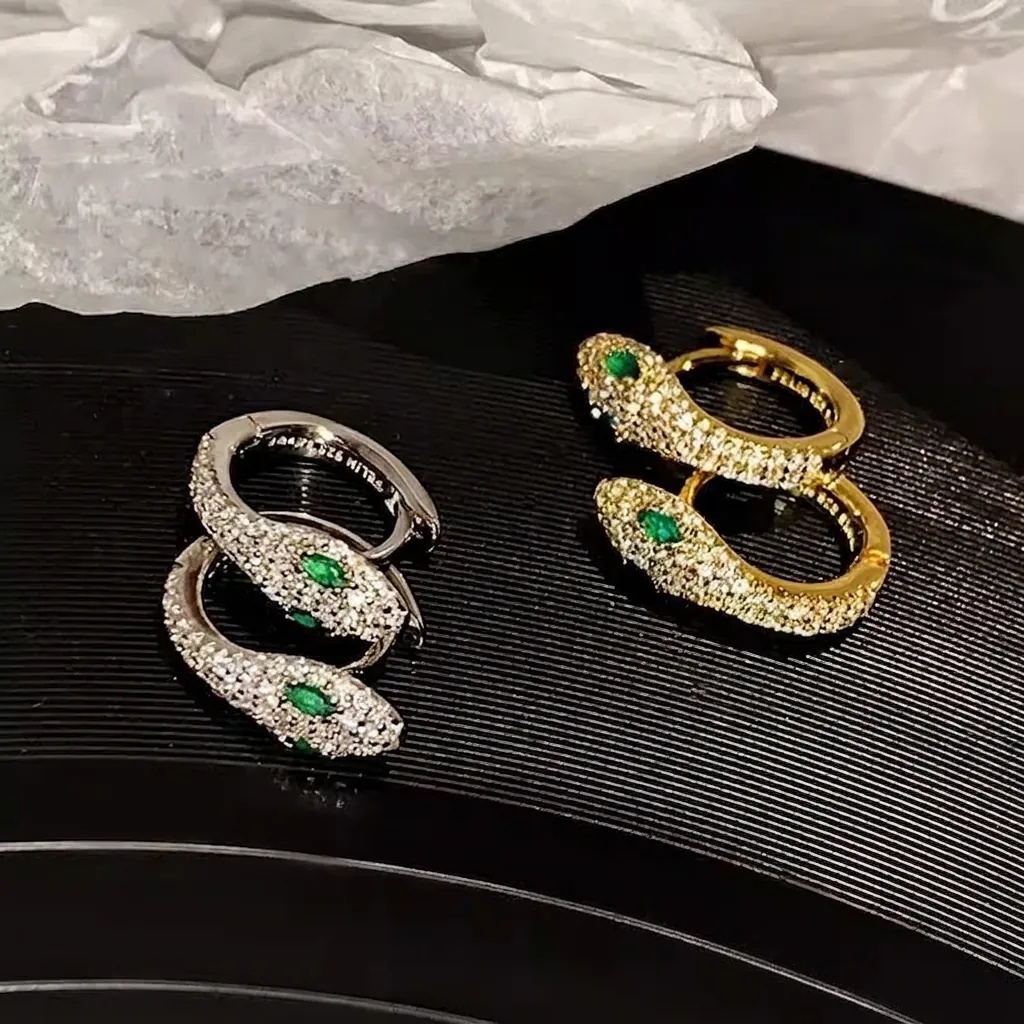 Vintage Hip Hop Snake Head Hoop Earrings Copper Rhinestone Jewelry With 925 Sterling Silver Earring Post For Women