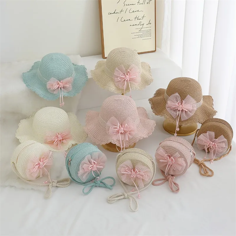 Kids Girls Straw Hat And Crossbody Bag Summer Beach Sun Hat Scalloped Wavy Brim Mesh Bow Cute Bunny Princess Toddler Accessory