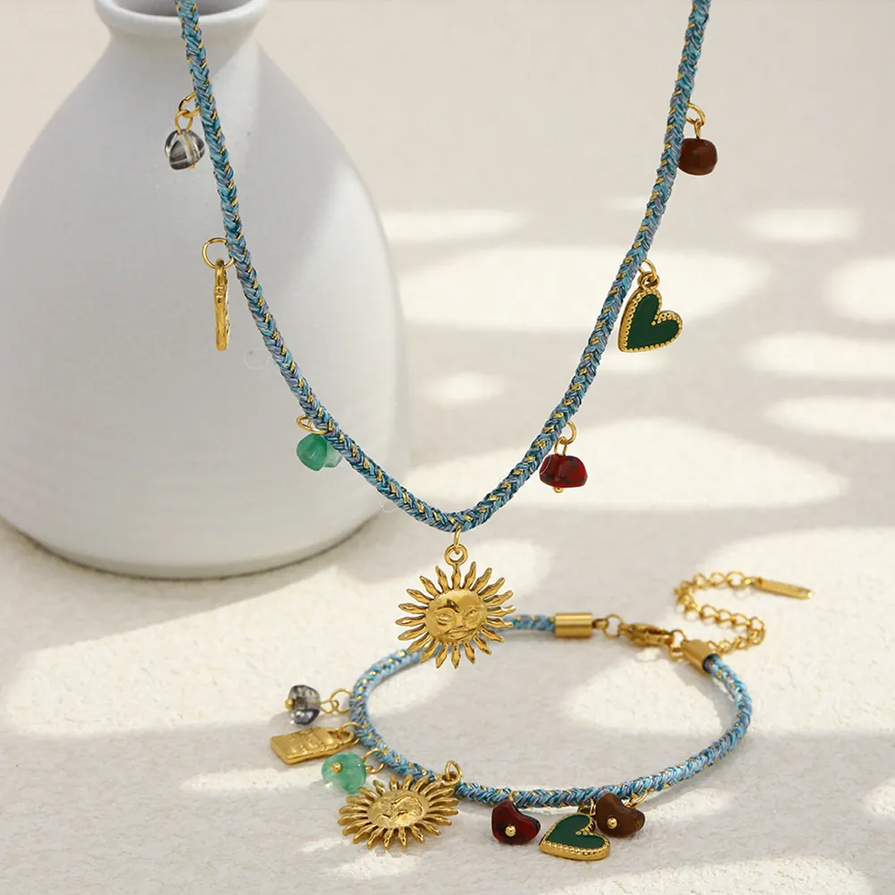 Collier Bracelet En Corde Tissée Bohème Acier Inoxydable Plaqué Or 18K Breloques Soleil Cœur Serrure Bijoux Ethniques Vintage
