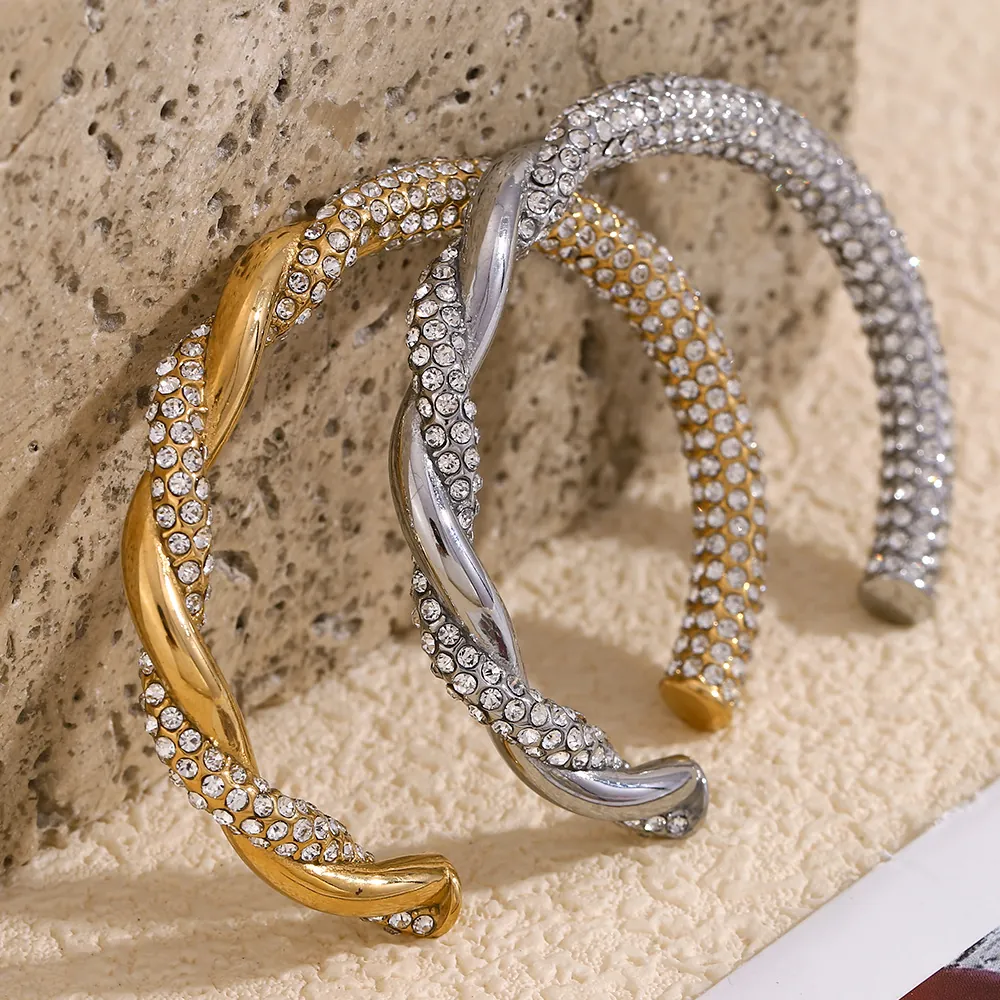 Verdrehtes Manschettenarmband 18K Vergoldeter Edelstahl Pflaster Strass Asymmetrisch Funkelnder Retro Schmuck Damen