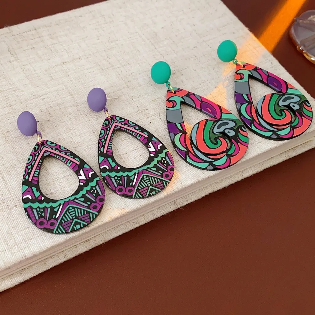 Boucles D'oreilles Pendantes Goutte D'eau Avec Tige En Argent Alliage Acrylique Peint Coloré Géométrique Bohème Vintage