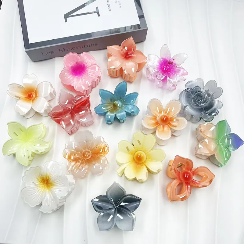 Gradient Flower Hair Claw Clips Resin Acrylic Frangipani Sunflower Rose Shark Clips For Women Sweet Summer Hair Accessories