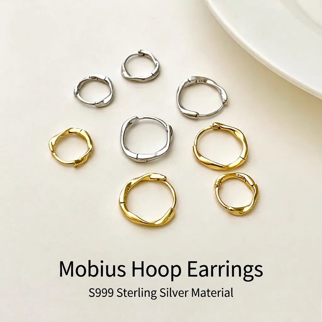 S999 Sterling Silver Mobius Hoop Earrings For Women Minimalist Geometric Twisted Circle Ear Buckle Polished Fashion Jewelry Gift
