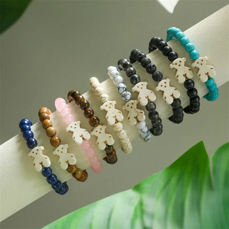 Bracciale Di Perle In Pietra Naturale Con Pendente A Orso Agata Occhio Di Tigre Pietra Lavica Elastico Gioielli