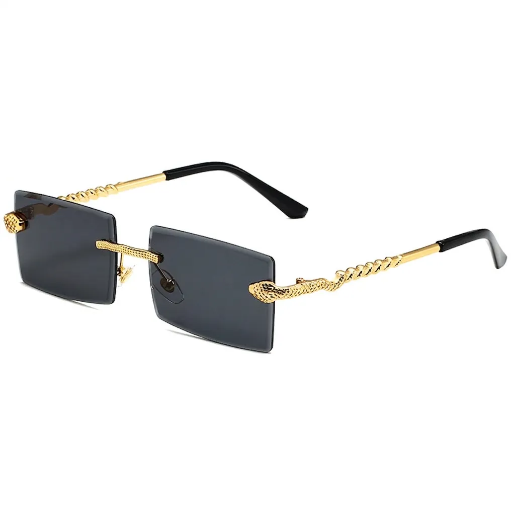 Rimless Rectangular Sunglasses Snake Shaped Metal Temples UV400 Fashion Hip Hop Tinted Lens Eyewear For Men Women