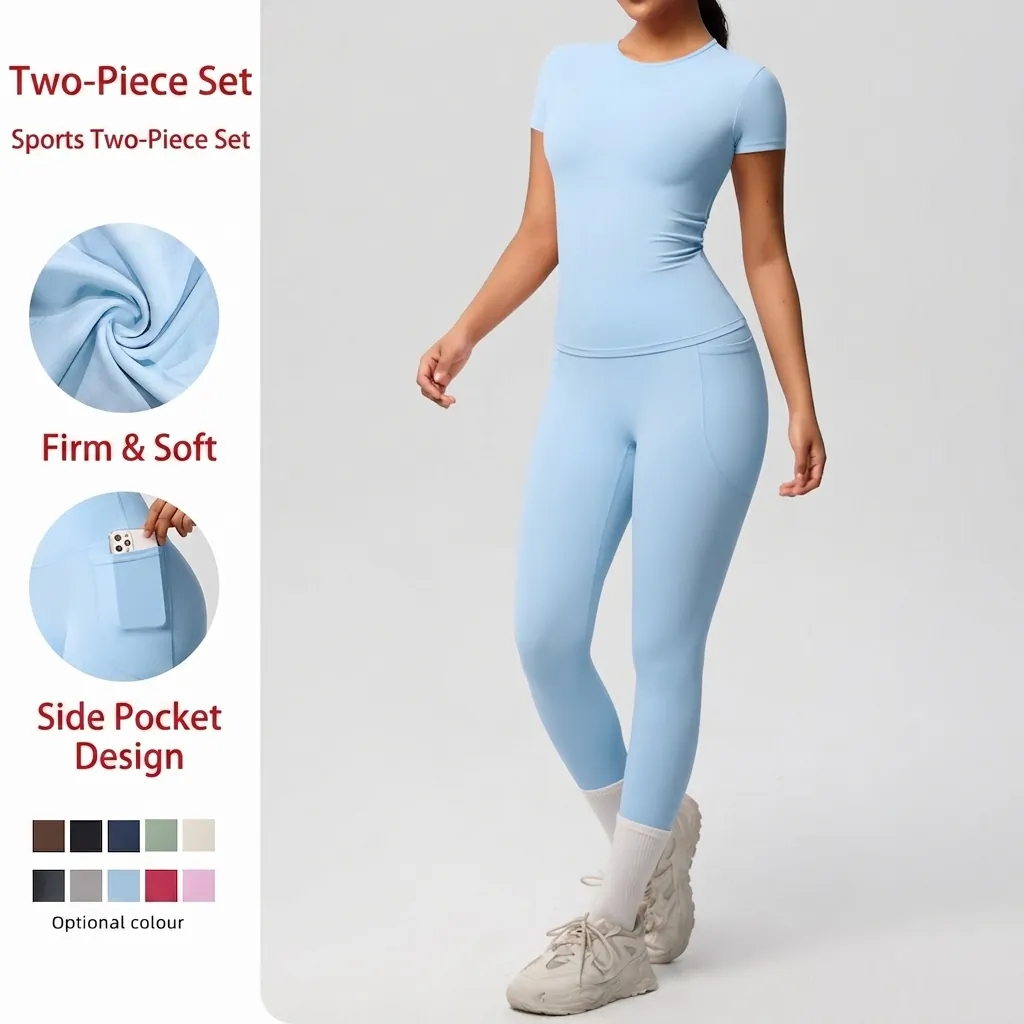 Set da Yoga da Donna in Nylon Elastan Asciugatura Rapida Top a Maniche Corte E Leggings con Tasche Slim Fit Abbigliamento Sportivo Traspirante
