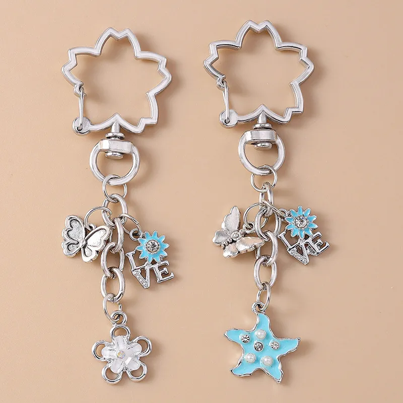 Butterfly Starfish Keychain Pendant Zinc Alloy Enamel Rhinestone Artificial Pearl LOVE Letter Cherry Blossom Hook Backpack Charms