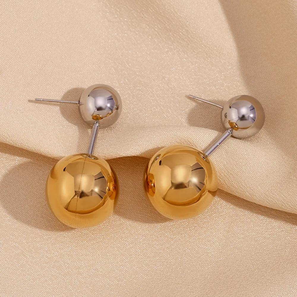 Double Ball Ohrstecker 316L Edelstahl 18K Vergoldet Zweifarbig Geometrische Rundkugel Minimalistisch Für Damen